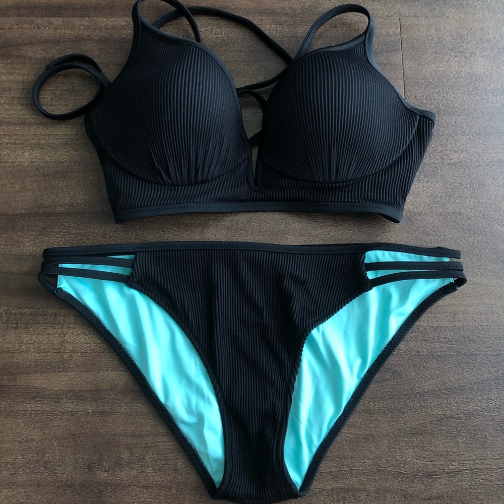 Black Ribbed Strappy Bikini